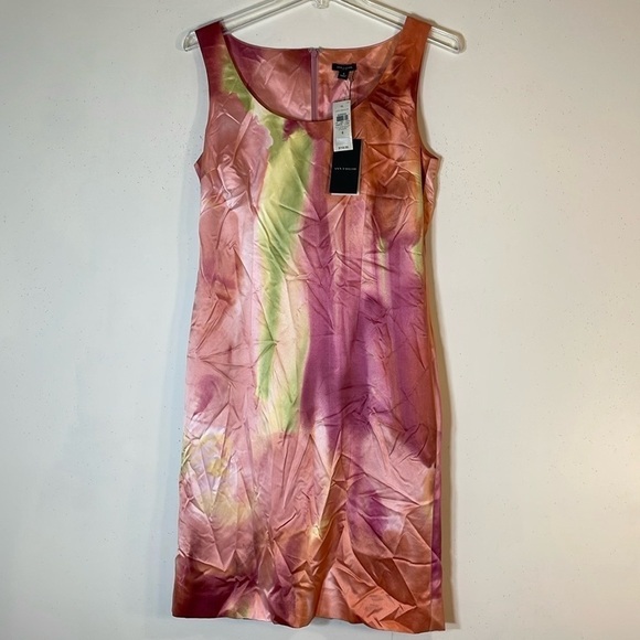 NWT. Ann Taylor 4 Watercolor Scoop Neck Sleeveless Satin Sheath Dress. - Picture 2 of 10